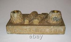 Antique Vtg Dated 1928 Folk Art Hand Carved Stone Inkwell Inkstand Signed W Real