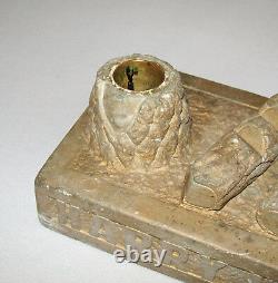 Antique Vtg Dated 1928 Folk Art Hand Carved Stone Inkwell Inkstand Signed W Real