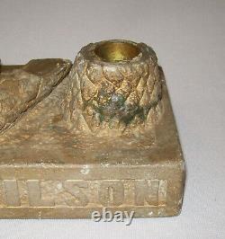 Antique Vtg Dated 1928 Folk Art Hand Carved Stone Inkwell Inkstand Signed W Real