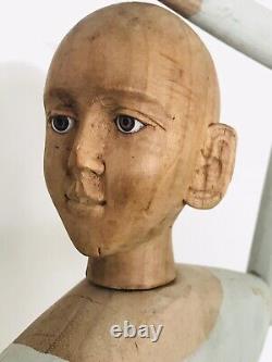 Antique Vtg Folk Art Santo Hand Carved Wood Dress Form Mannequin Glass Eye Doll