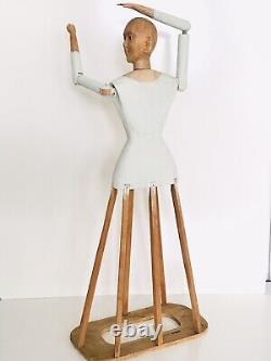 Antique Vtg Folk Art Santo Hand Carved Wood Dress Form Mannequin Glass Eye Doll