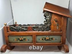 Antique Vtg Hand Carved Wood Rocking Baby Cradle Hand Painted Rustic Folk Art
