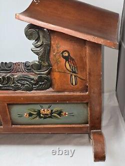 Antique Vtg Hand Carved Wood Rocking Baby Cradle Hand Painted Rustic Folk Art