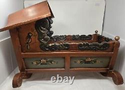 Antique Vtg Hand Carved Wood Rocking Baby Cradle Hand Painted Rustic Folk Art