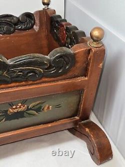 Antique Vtg Hand Carved Wood Rocking Baby Cradle Hand Painted Rustic Folk Art