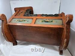 Antique Vtg Hand Carved Wood Rocking Baby Cradle Hand Painted Rustic Folk Art