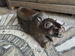 Antique Wood Carved African Lion Stool Folk Art