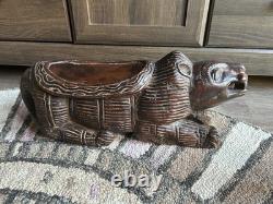 Antique Wood Carved African Lion Stool Folk Art