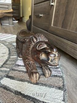 Antique Wood Carved African Lion Stool Folk Art