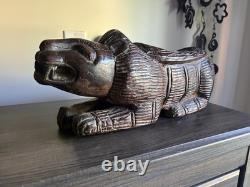 Antique Wood Carved African Lion Stool Folk Art