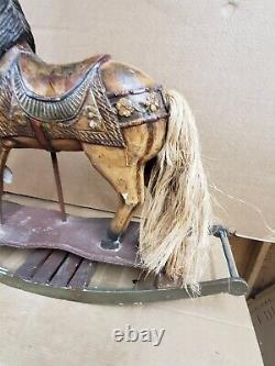 Antique Wooden Carved Carousel Horse Child Size Paint Decorated Folk Art Pony E