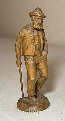 Antique carved figural elder bearded man cane wood sculpture statue folk art