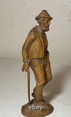 Antique carved figural elder bearded man cane wood sculpture statue folk art