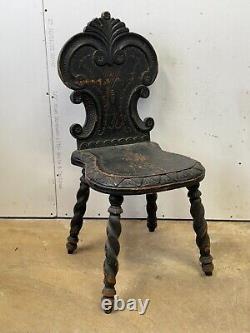 Antique carved folk art chair old surface paint chip carved 1800s