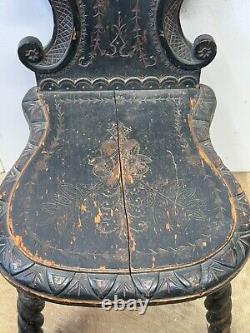 Antique carved folk art chair old surface paint chip carved 1800s