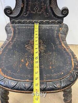 Antique carved folk art chair old surface paint chip carved 1800s