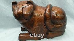 Antique carved wood folk art Cat bank box figurine