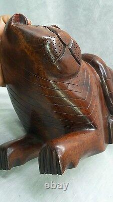 Antique carved wood folk art Cat bank box figurine