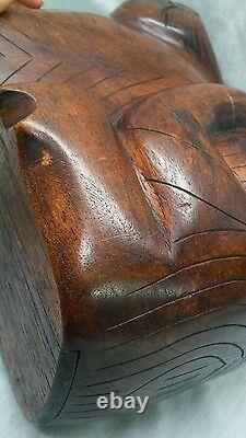 Antique carved wood folk art Cat bank box figurine