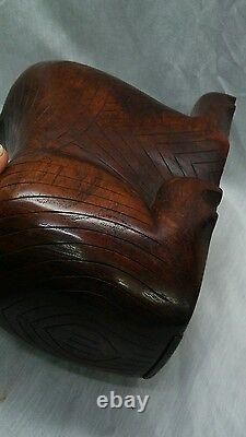 Antique carved wood folk art Cat bank box figurine