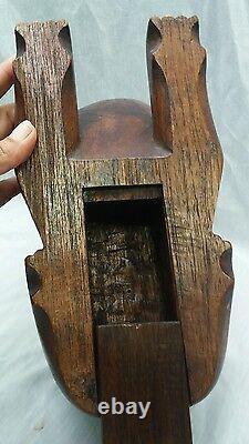 Antique carved wood folk art Cat bank box figurine