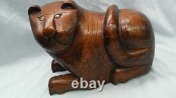 Antique carved wood folk art Cat bank box figurine