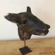 Antique Folk Art Curious Hand Carved Wooden Pigs Head Mounted On Metal Stand