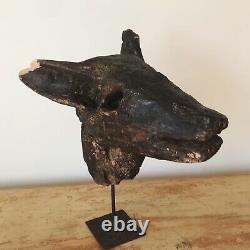 Antique folk art Curious Hand Carved Wooden Pigs Head Mounted On Metal Stand