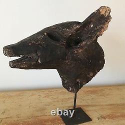 Antique folk art Curious Hand Carved Wooden Pigs Head Mounted On Metal Stand