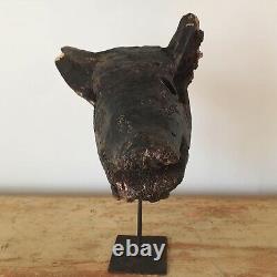 Antique folk art Curious Hand Carved Wooden Pigs Head Mounted On Metal Stand