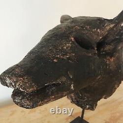 Antique folk art Curious Hand Carved Wooden Pigs Head Mounted On Metal Stand