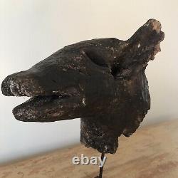 Antique folk art Curious Hand Carved Wooden Pigs Head Mounted On Metal Stand