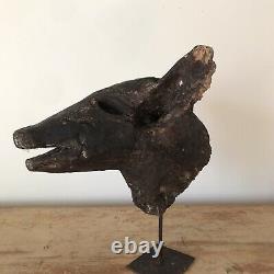 Antique folk art Curious Hand Carved Wooden Pigs Head Mounted On Metal Stand