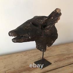 Antique folk art Curious Hand Carved Wooden Pigs Head Mounted On Metal Stand