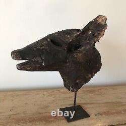 Antique folk art Curious Hand Carved Wooden Pigs Head Mounted On Metal Stand