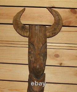 Antique folk art hand carving wood wall hanging mask with cattle horns