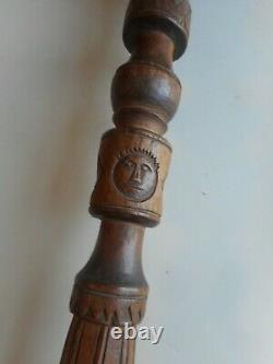 Antique hand carved Folk Art Walking Stick. Walking Stick with Face and Heart