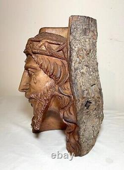 Antique hand carved natural wood Folk Art religious Jesus Christ sculpture bust