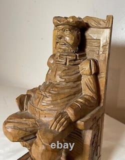 Antique hand carved seated figural seated man wood sculpture statue folk art