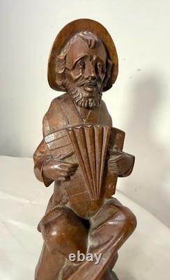 Antique hand carved wood Folk Art accordion musician man sculpture statue figure