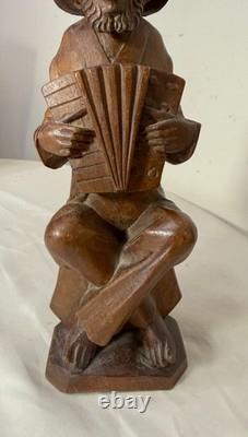 Antique hand carved wood Folk Art accordion musician man sculpture statue figure