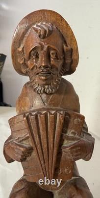 Antique hand carved wood Folk Art accordion musician man sculpture statue figure