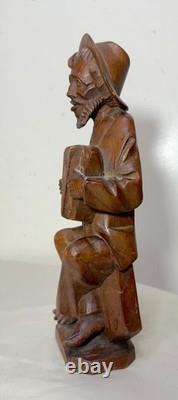 Antique hand carved wood Folk Art accordion musician man sculpture statue figure