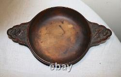 Antique hand carved wood Folk Art dough bread bowl figural griffin handles