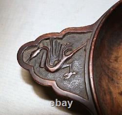 Antique hand carved wood Folk Art dough bread bowl figural griffin handles
