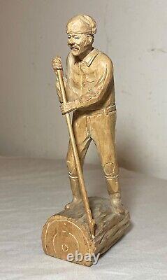 Antique hand carved wood Folk Art lumberjack man cutting wood sculpture statue