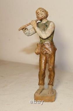 Antique hand carved wood figural musician flute player folk art statue sculpture