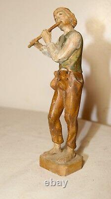 Antique hand carved wood figural musician flute player folk art statue sculpture