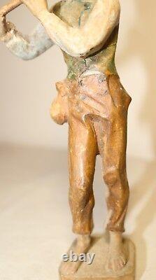 Antique hand carved wood figural musician flute player folk art statue sculpture