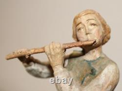 Antique hand carved wood figural musician flute player folk art statue sculpture